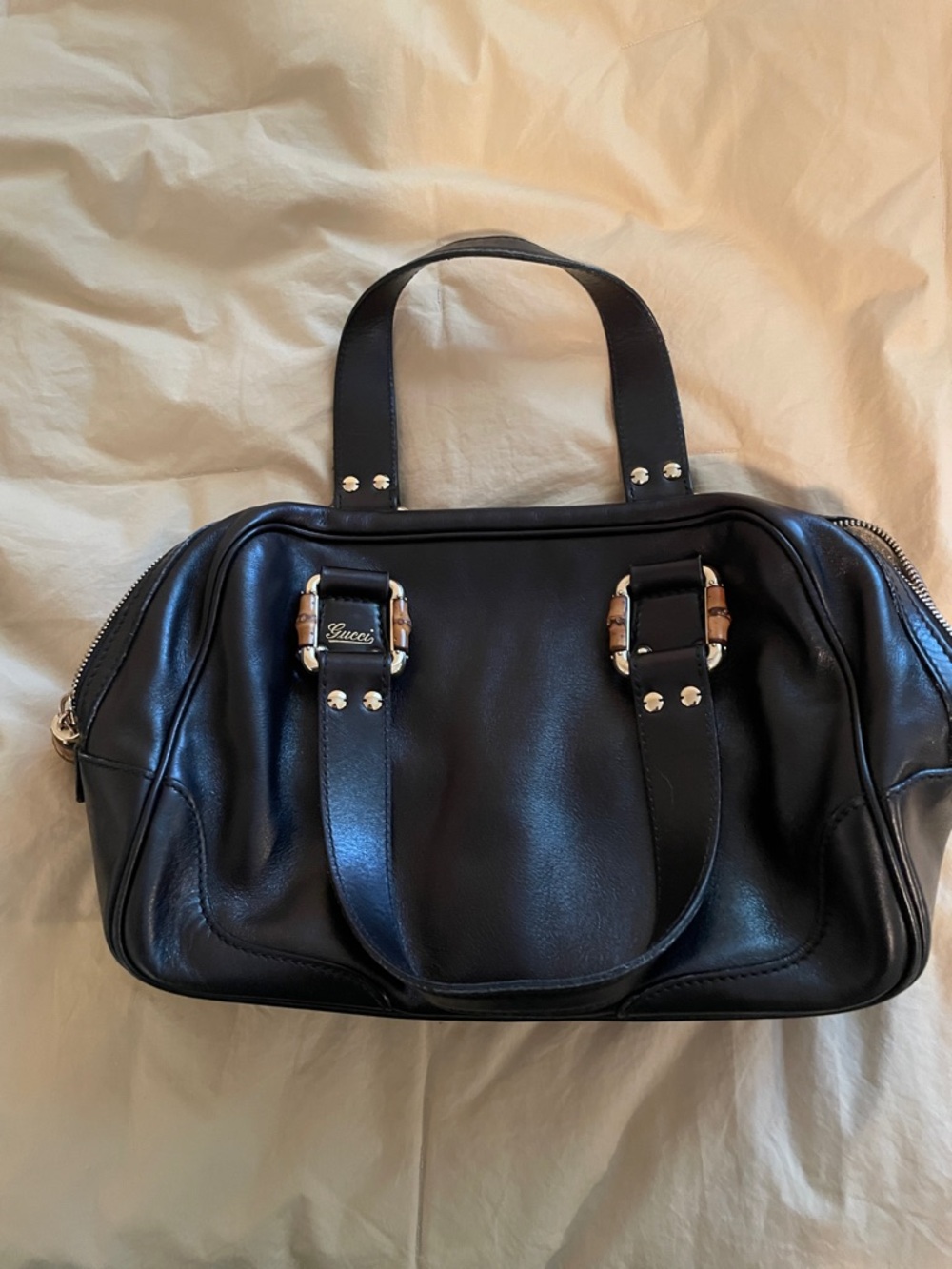 Gucci Black Leather Satchel with Gold and bamboo Accents